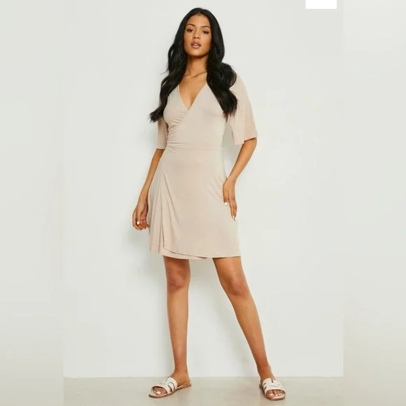 Stone Colored Wrap Over Dress - Picture 3 of 4